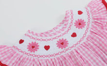 Load image into Gallery viewer, Preorder by 9/30-Pink Gingham Daisy and Hearts Smocked Romper-Ships 12/28

