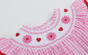 Preorder by 9/30-Pink Gingham Daisy and Hearts Smocked Romper-Ships 12/28