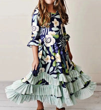 Load image into Gallery viewer, Dark Teal &amp; Navy Floral Print Long Sleeve Twirl Dress with Ruffle Dress - Image #1
