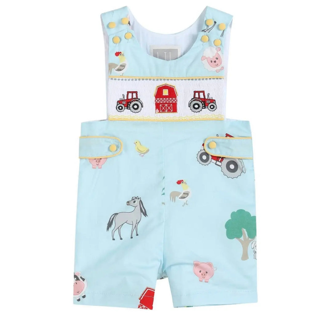 Light Blue Barnyard Print Applique Farm Animal Shortalls - Image #1