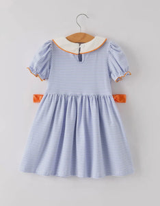 Fall Thanksgiving and Halloween Lapel Stripe Pumpkin Applique Bow Girls Dress-Ships 10/15