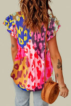 Load image into Gallery viewer, Women Leopard Flutter Sleeve V Neck Blouse - Image #3
