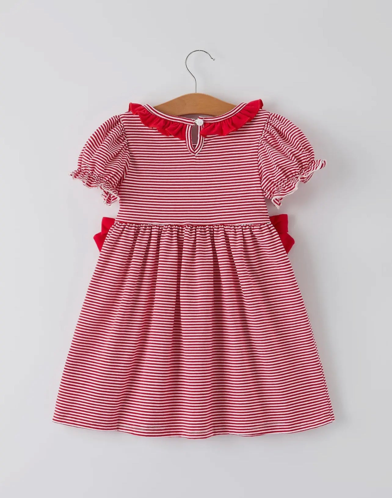 Holiday Girls Dress with Embroidered Christmas Lights and Red Bow Details - Abbies Place