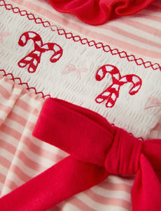 Christmas Candy Cane Smocking Embroidery Striped Baby Girls Romper-Ships 10/5