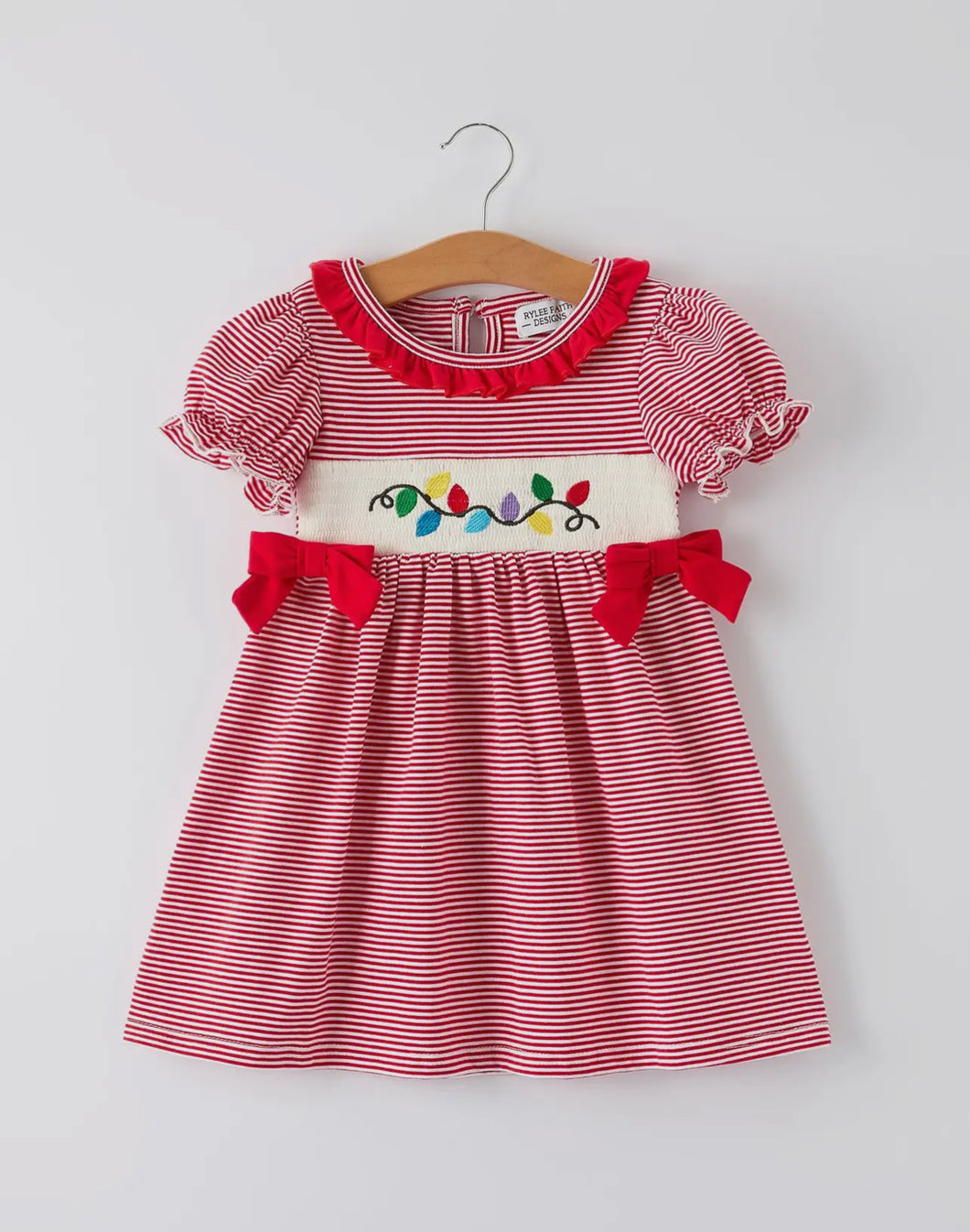 Holiday Girls Dress with Embroidered Christmas Lights and Red Bow Details
