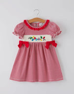 Holiday Girls Dress with Embroidered Christmas Lights and Red Bow Details