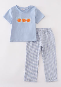 Blue gingham pumpkin embroidery boy set