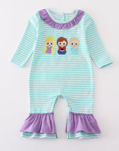 Load image into Gallery viewer, Green stripe princess embroidery girl romper
