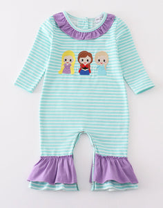 Green stripe princess embroidery girl romper