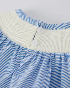 Baby Girls Romper - Blue Striped Smocked Outfit with Short Sleeves-Ships 10/30