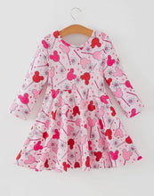 Load image into Gallery viewer, Valentine Dress For Girls - Pink Dress with Daisy &amp; Lollipop Print-Ships 11/20
