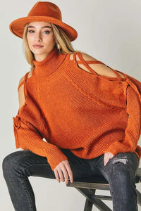 Solid Turtleneck Cutout Long Sleeve Sweater - Image #2