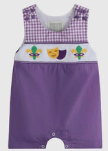 Load image into Gallery viewer, Purple and Gingham Mardi Gras Smocked Romper - Image #1
