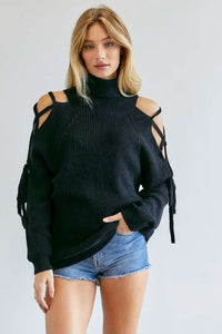 Solid Turtleneck Cutout Long Sleeve Sweater - Image #10