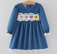 Valentine's Day Heart Letters Smocking Embroidered Lace Dress - Image #1