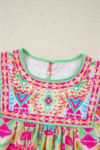 Orange Geometric Print Long Sleeve Keyhole Back Blouse - Image #6