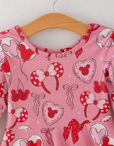 Toddler Girls Valentine Party Pink Dress - Red Bow Heart Print Outfit