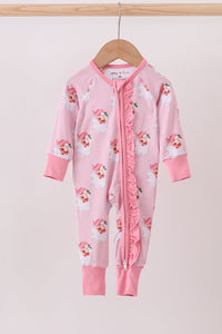 Pink santa claus bamboo ruffle zipper romper
