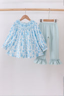 Blue snowman christmas tree smocked ruffle pants set
