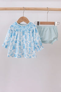 Blue snowman christmas tree smocked bloomer set