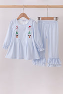 Blue santa claus embroidery ruffle pants set