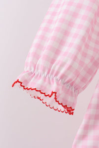 Pink santa claus embroidery gingham pants set