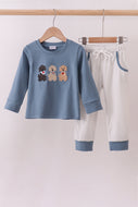 Blue puppy embroidery pants set