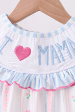 Load image into Gallery viewer, Blue floral I love MAMA smocked ruffle bloomer set
