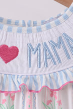 Load image into Gallery viewer, Blue floral I love MAMA smocked ruffle dress

