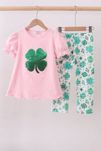Load image into Gallery viewer, Pink clover glitter pants set
