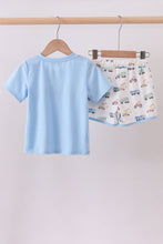Load image into Gallery viewer, Blue car embroidery shorts set
