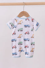 Load image into Gallery viewer, Blue car print bamboo romper
