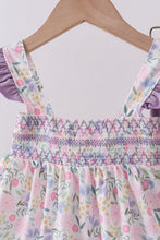 Load image into Gallery viewer, Purple floral smocked ruffle bloomer set

