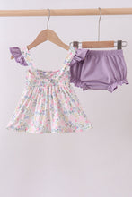 Load image into Gallery viewer, Purple floral smocked ruffle bloomer set
