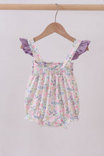 Load image into Gallery viewer, Purple floral smocked ruffle bubble

