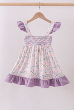 Load image into Gallery viewer, Purple floral smocked ruffle dress
