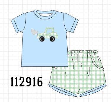 Blue engineering vehicle applique shorts set