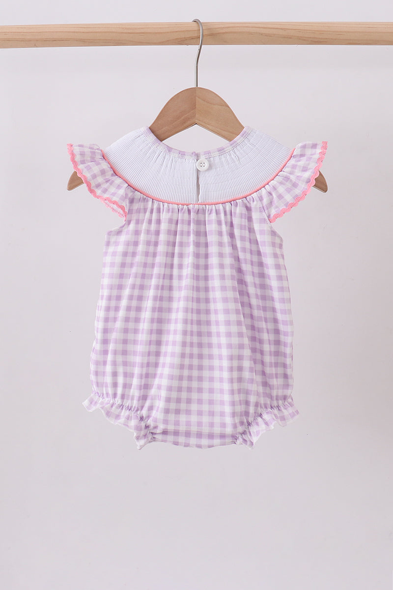 Purple dinosaur smocked gingham bubble