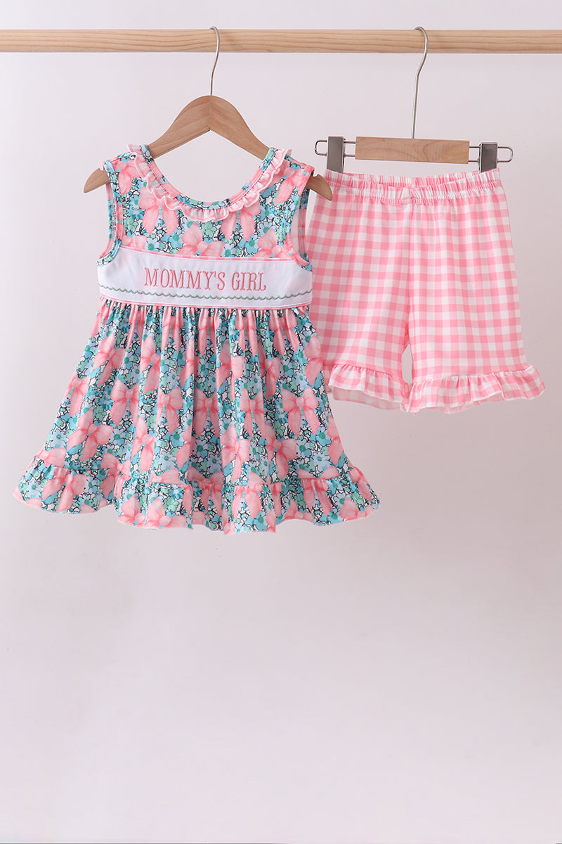 Pink floral mommy's girl embroidery ruffle gingham shorts set
