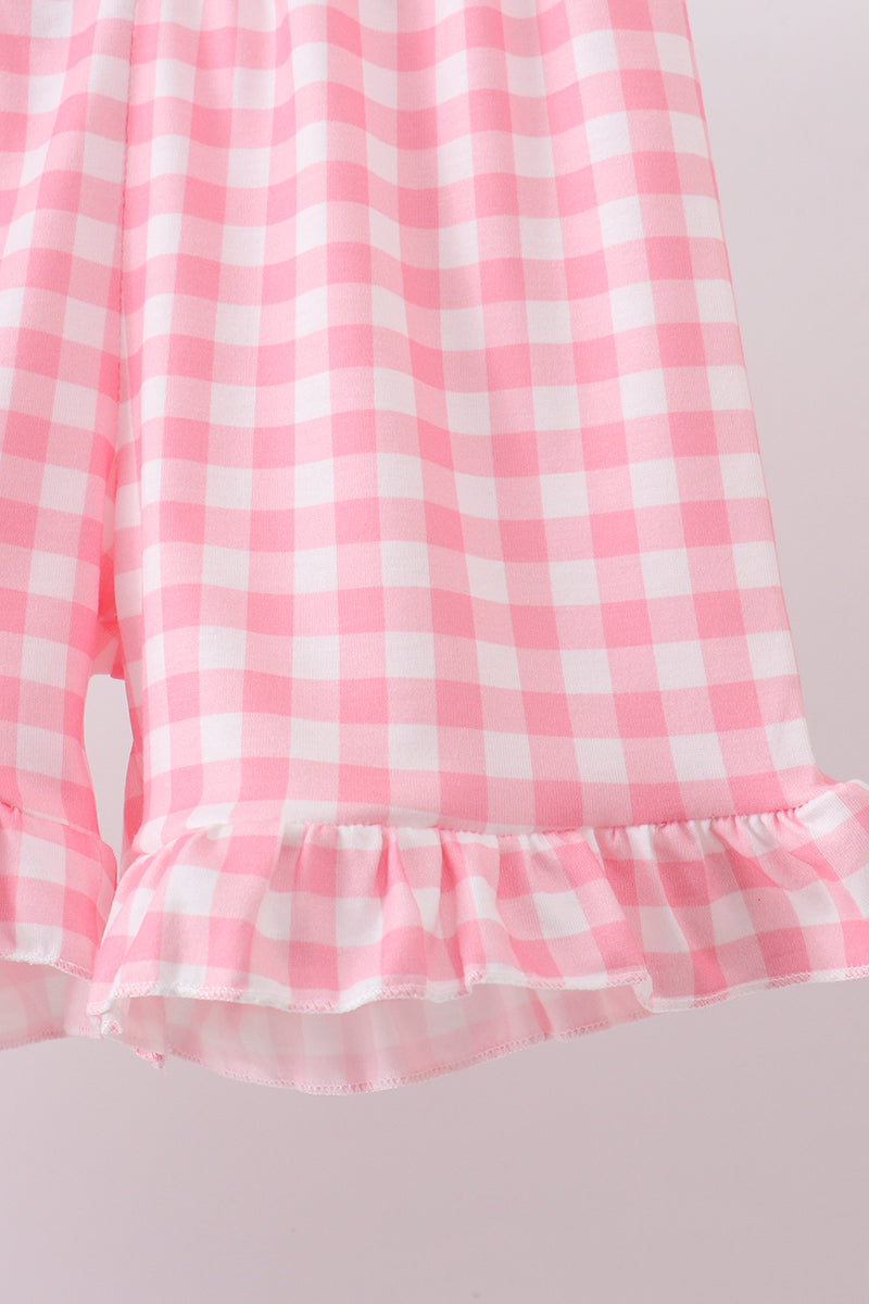 Pink floral mommy's girl embroidery ruffle gingham shorts set