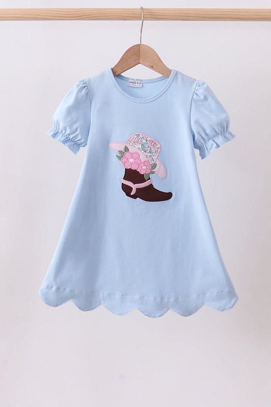 Blue floral boot applique scalloped dress