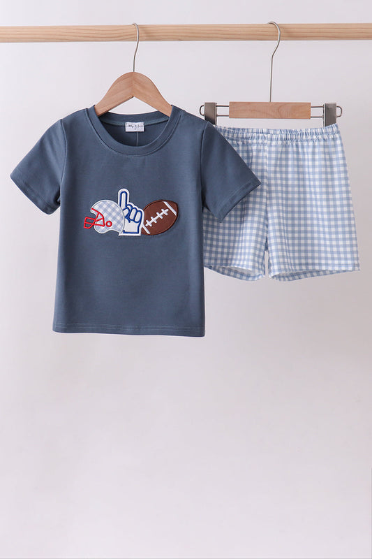 Blue football applique gingham shorts set