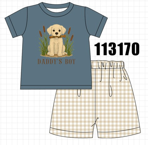 Blue puppy applique gingham shorts set