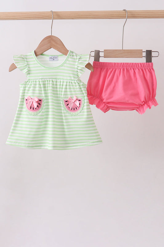 Green watermelon applique ruffle stripe bloomer set