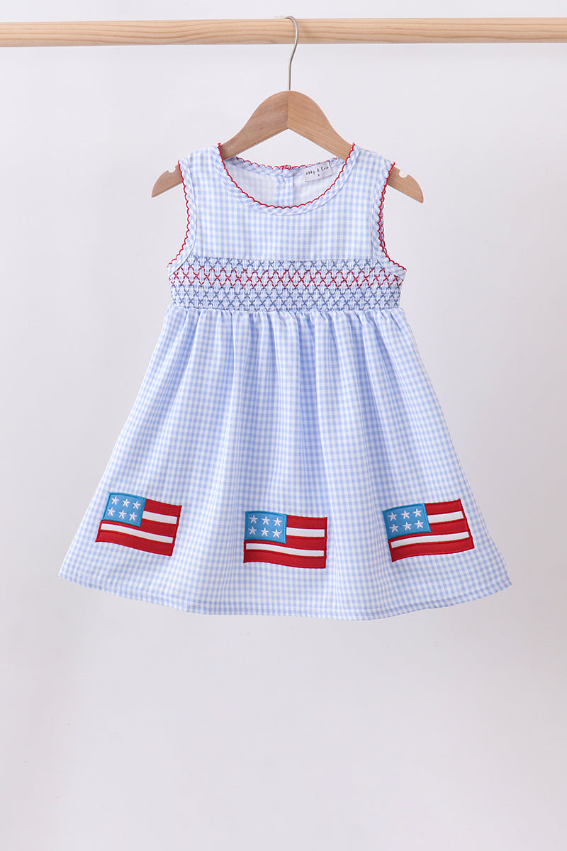 Blue flag smocked woven gingham dress