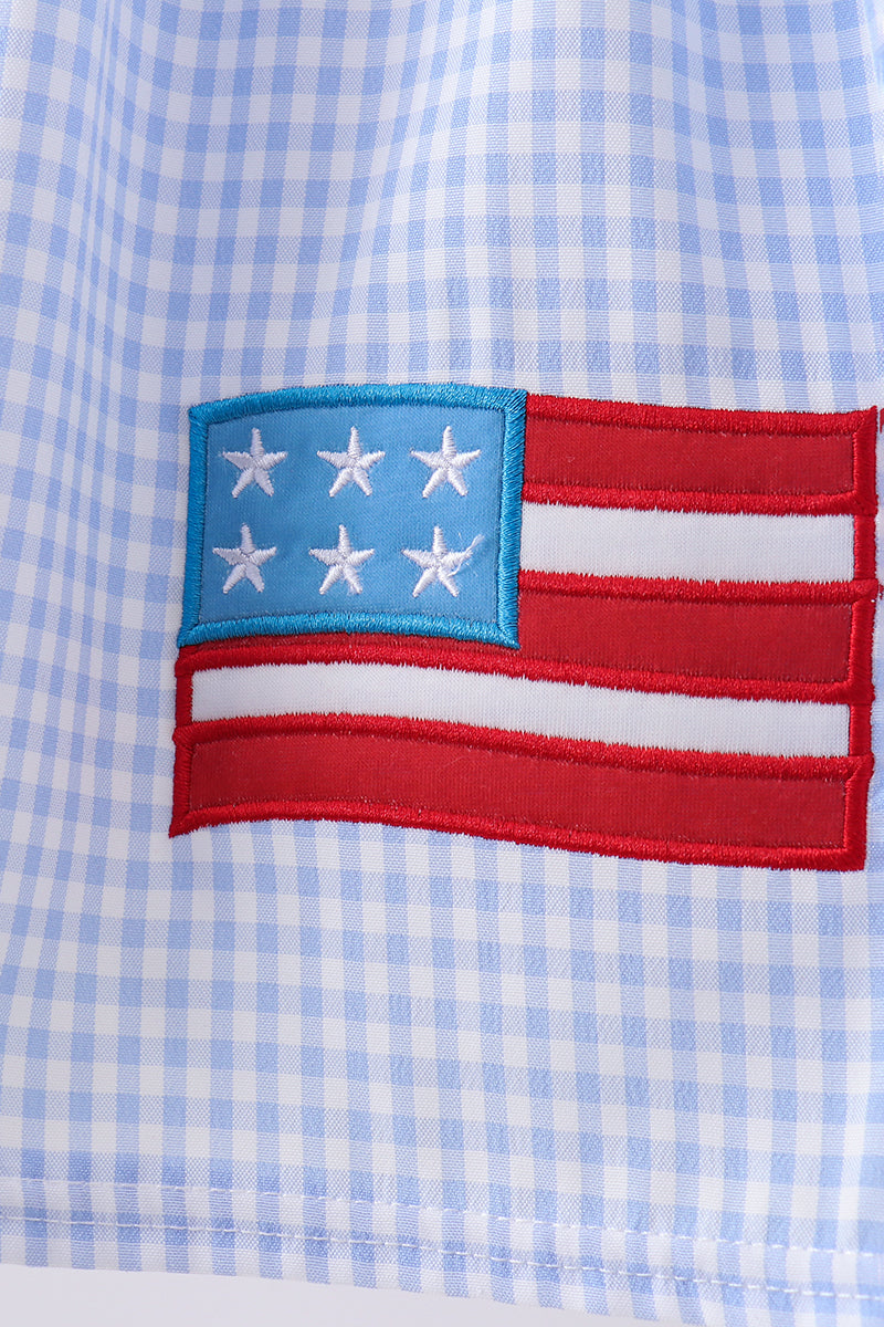 Blue flag smocked woven gingham dress