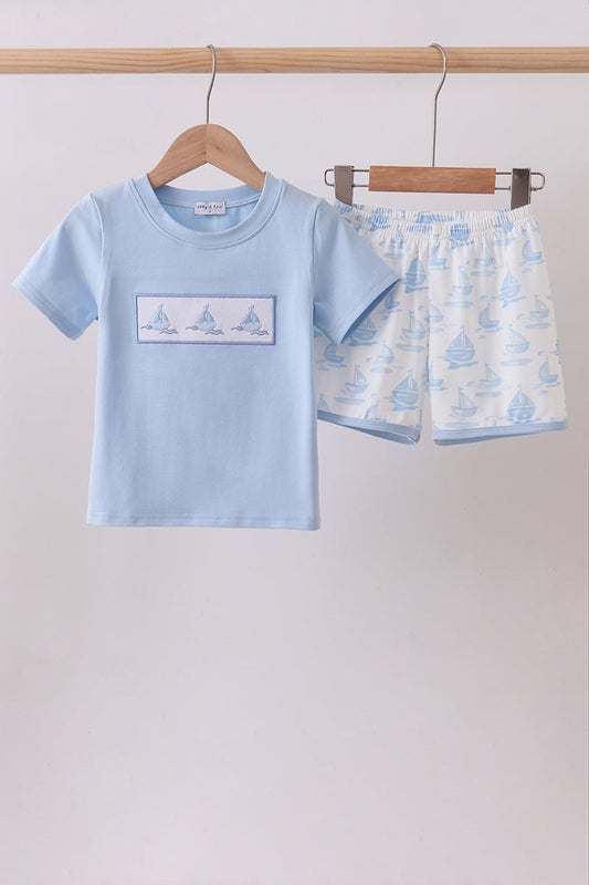 Blue Sailboat Embroidered Set