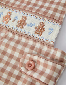 Christmas Vintage-Style Plaid Embroidered Gingerbread and Bows Boy Romper