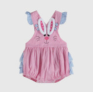 Pink and Blue Bunny Face Ruffle Romper - Image #1