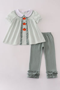 Sage stripe french knot ruffle pants set